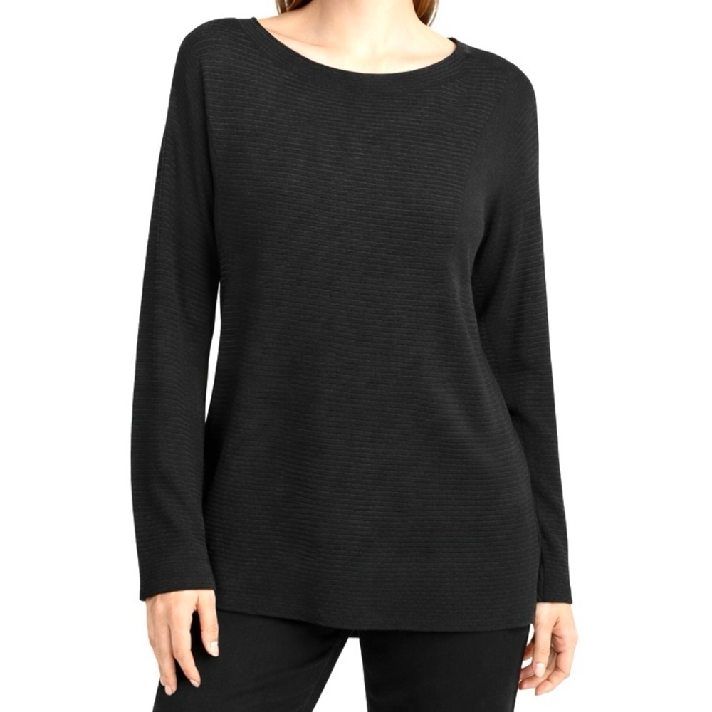 Lafayette 148 Ribbed Textured Long Sleeve SemiSheer Black Wide Neck Blouse